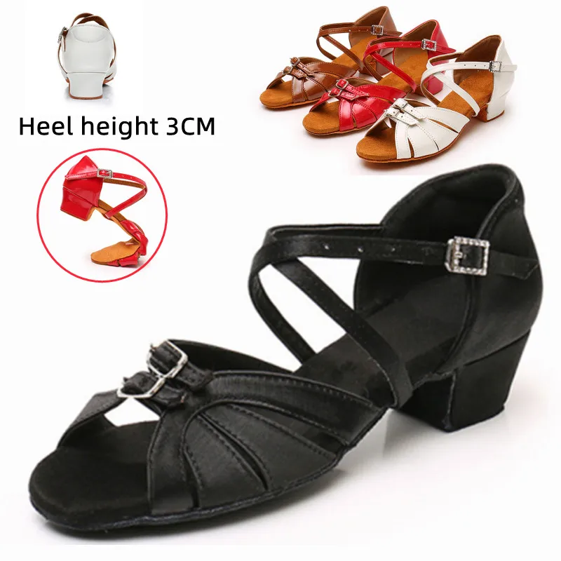 Child Dance Shoes Girls Women Leather Satin Ballroom Latin Shoes Ladies Kids Modern Tango Dance Salsa Sandals Low Heel