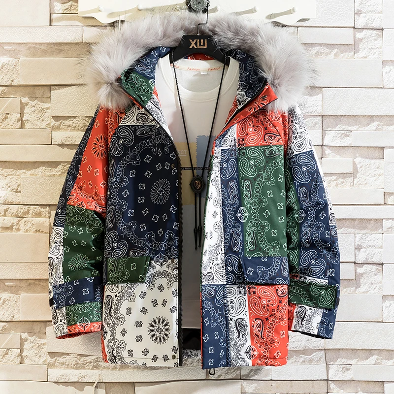 

New Winter Cashew Printed Cotton-padded Coat Men Thicken Jackets Fashion Street Thick Hooded Outerwear High Quality Clothes Male