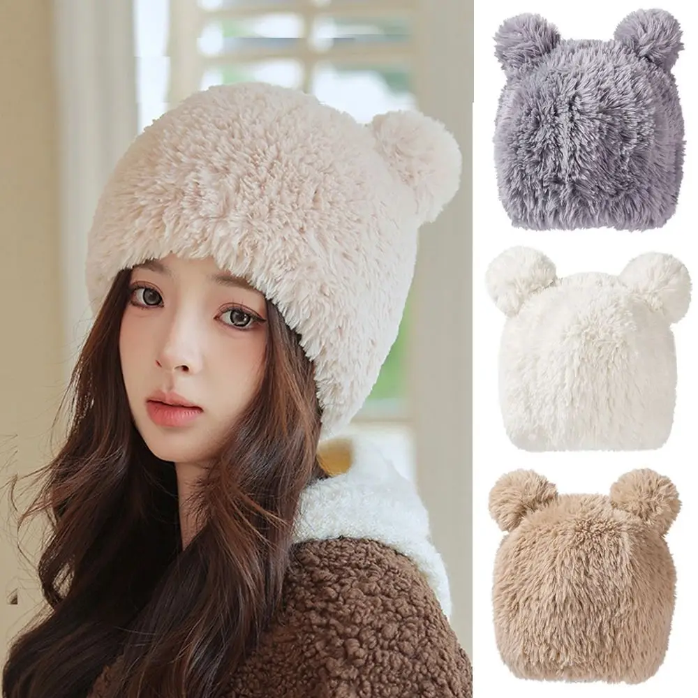 

Ear Protection Bear Ear Knitted Hat Fashion Soft Plush Cold Hat Woolen Yarn Beanies Couple