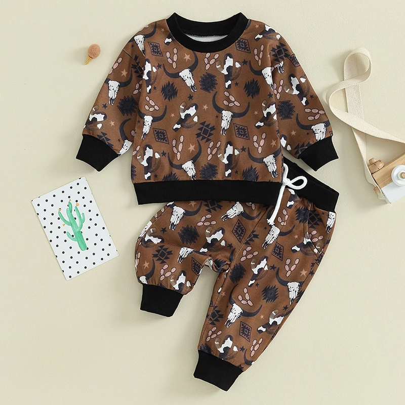 

Vintage Baby Boys Autumn 2PCS Clothes Sets Long Sleeve Cattle Cactus Print Sweatshirts Tops Drawstring Pants Casual Outfits