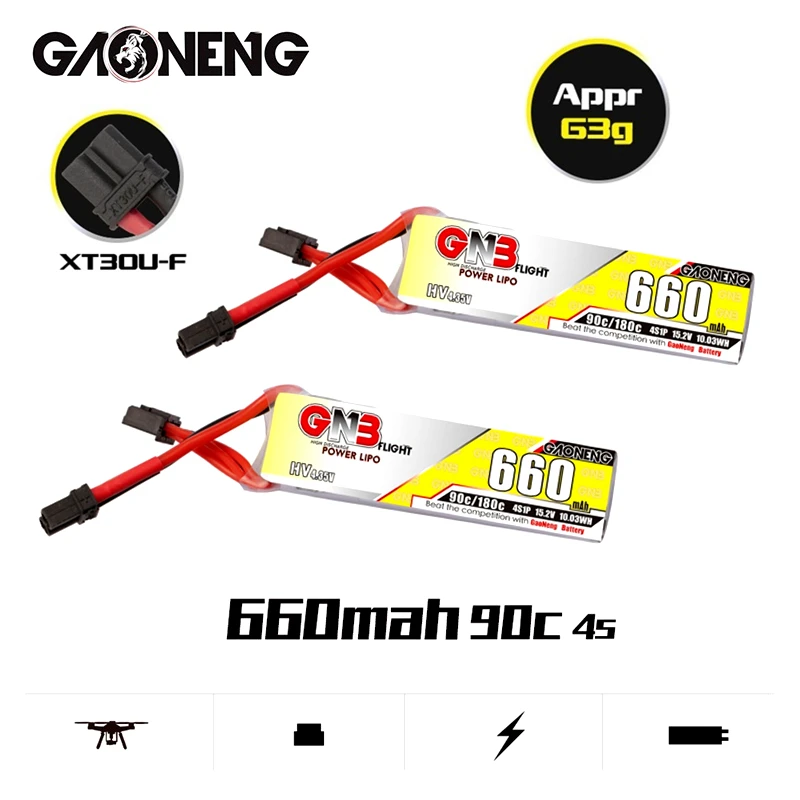 

GAONENG GNB HV Lipo Battery 4S 15.2V 660mAh 90C/180C With XT30U-F Plug for Beta85X Whoop Quadcopter FPV RC Racing Drone