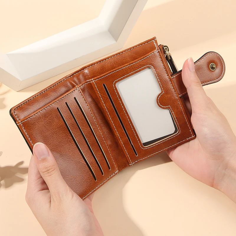 Anti theft brush wallet for women 2025 new oil wax leather wallet with multiple card slots, zero wallet, European and American w 5