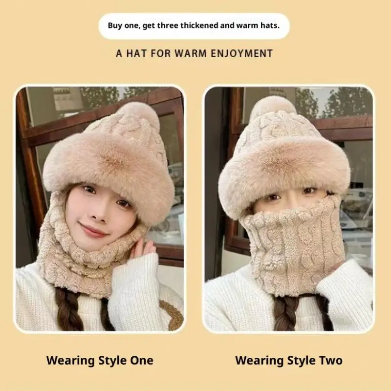 Winter Beanies Bonnet Ears Neck Protection For Women Fleece Lining Warm Knitted Hat Scarf Mask Plush Pompom Skiing Cap