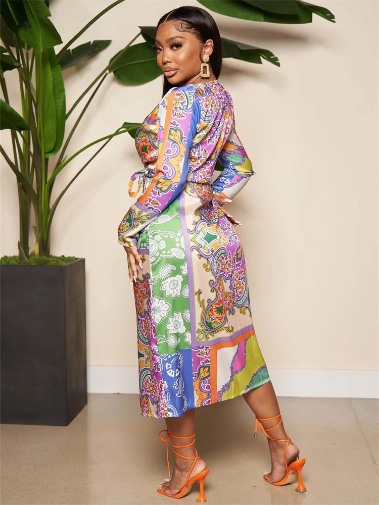 Wmstar Women Dress Fashion New Elegant Pattern Printed Waist V Neck Long Sleeve Knee Length Comfortable Pleated Holiday Dresses