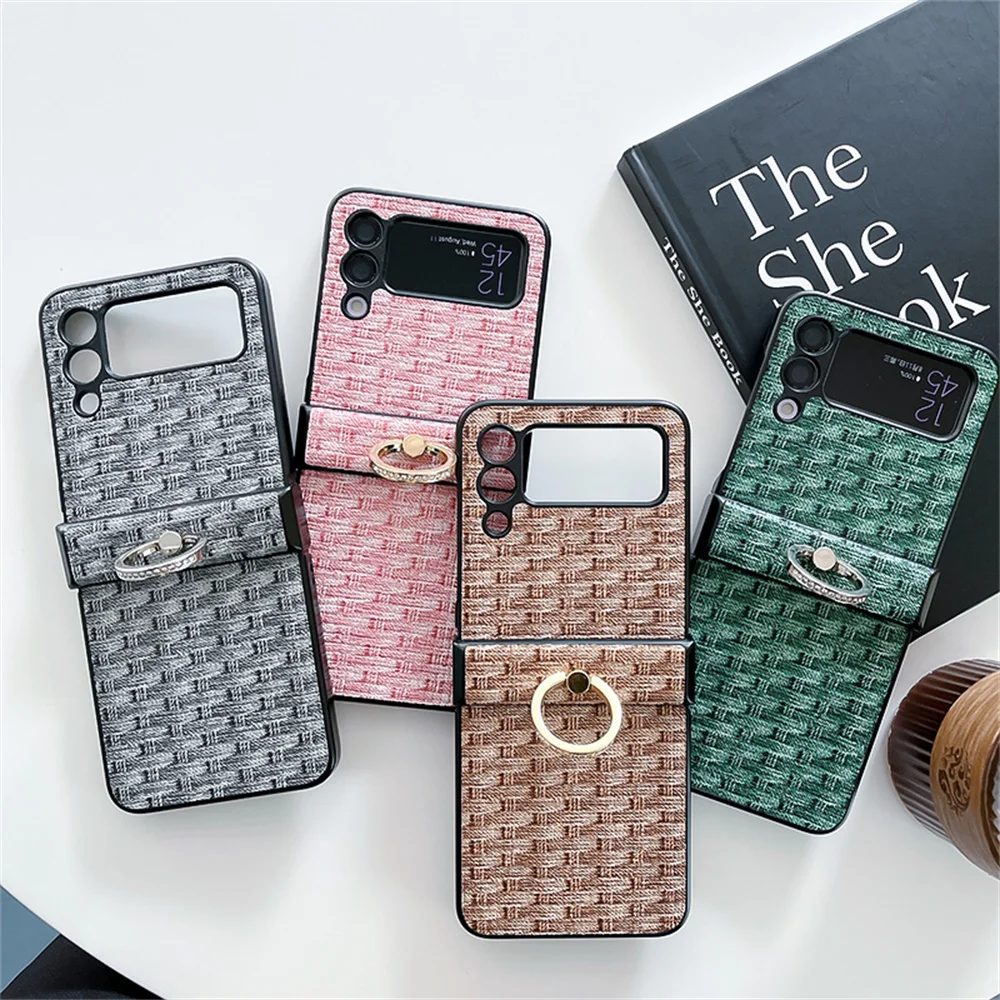 Luxury Weave Pattern Hinge Metal Finger Ring Holder Case - Shockproof Bumper Cover