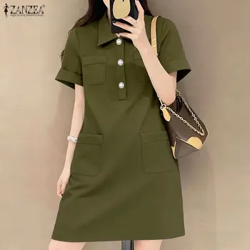 Fashion Summer Sundress ZANZEA Women Stylish Solid OL Work Dresses Short Sleeve Knee Length Dress Lapel Neck Button Vestido 2026 1