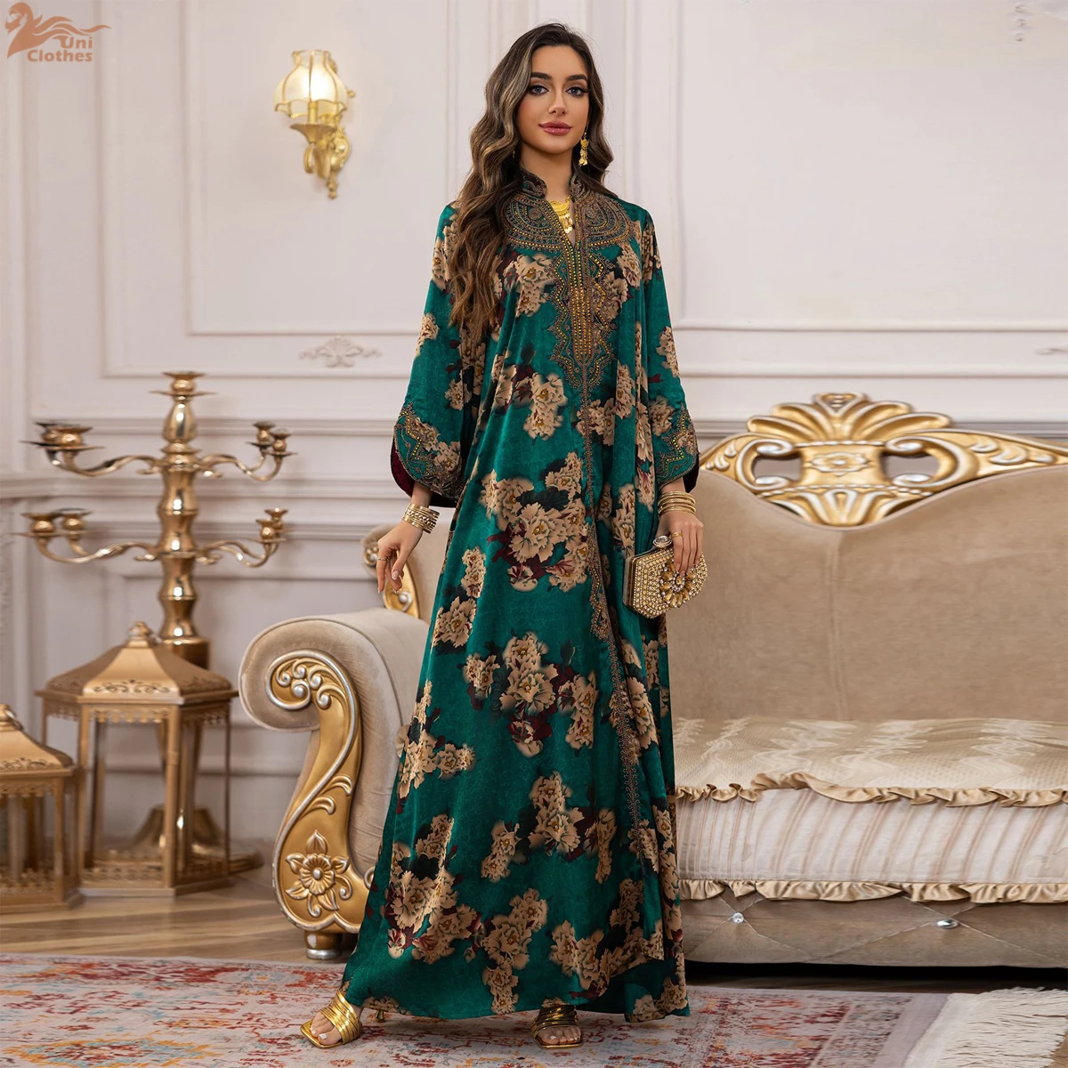 رمضان مسلم أنيق الخامس الرقبة الساتان التطريز الديكور عباية عادية للنساء جلابيات الخليج Bindalli كم طويل ثوب مسائي 1