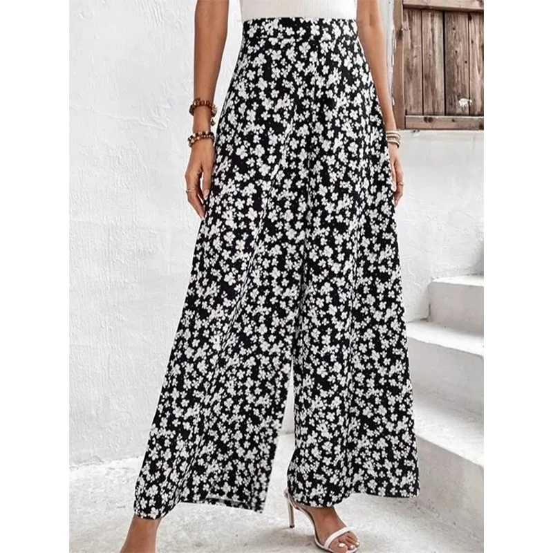 Spring Summer Fashion Elastic High Waisted Trousers Womens Small Fragmented Floral Print Loose Casual Waist Micro Horn Pants