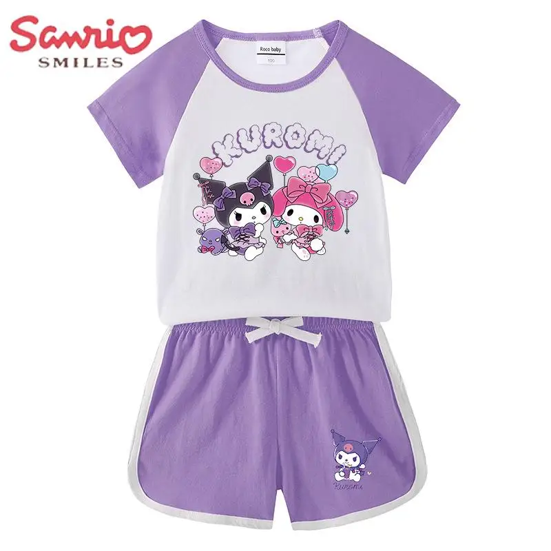 

Kawaii Sanrio/детский хлопковый Спортивный костюм унисекс летний свободный короткий костюм с героями мультфильмов «Kuromi My Melody» Милая повседневная одежда для студентов подарок для девочек