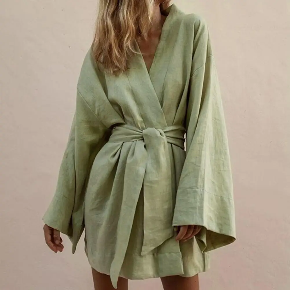 

Women's V-Neck Kimono Cardigan Mini Dress White Cotton Linen Long Sleeve Sashes Lace Up Dresses Women 2024 Autumn Loose