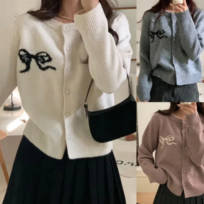 

Korean Chic Bow Embroidery Knitted Cardigans Pullover 2024 Spring New Korea East Gate Sweater Fashion Trendy Soft Warm Clothing