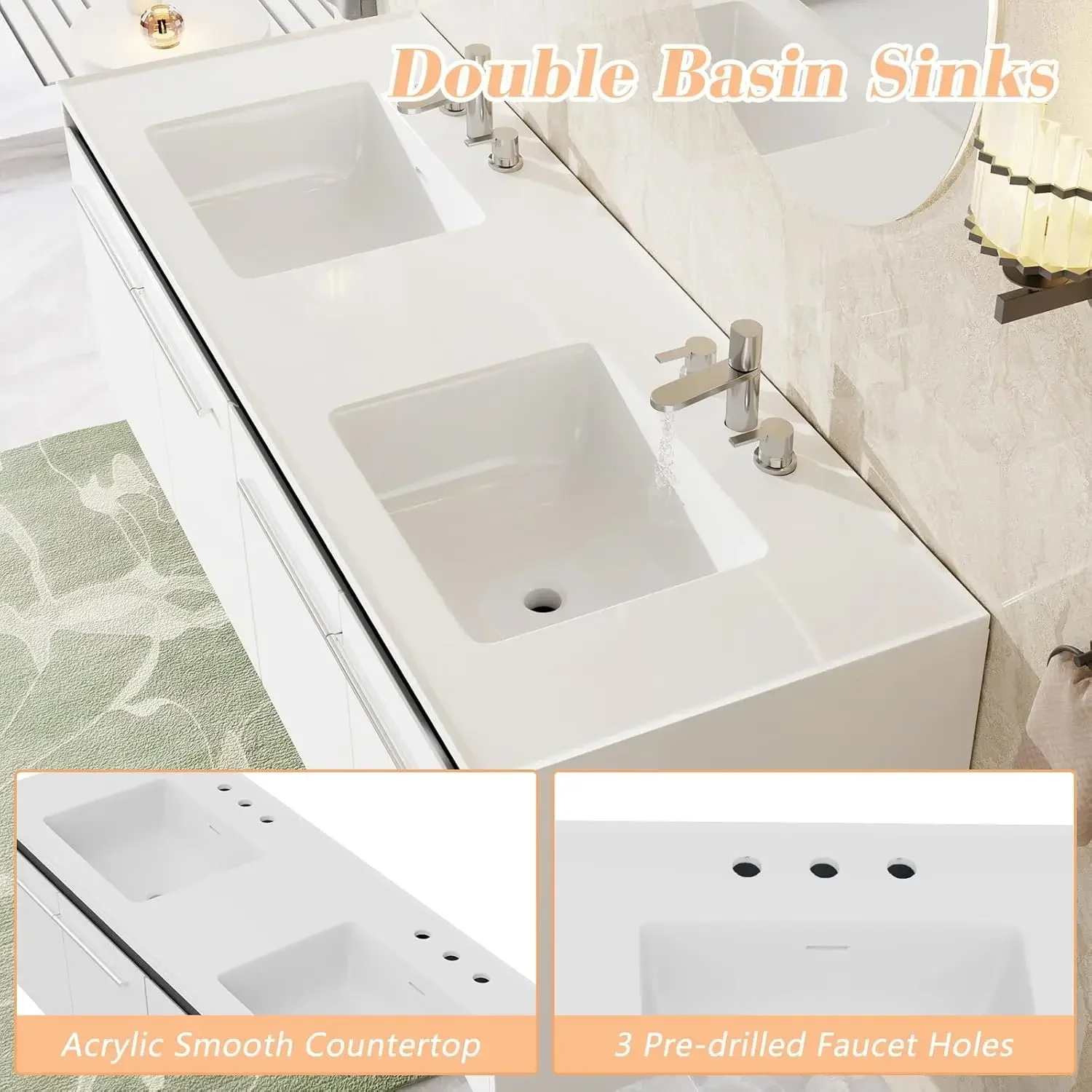 60"LED Floating Bathroom Double Vanity with Sink Combo, Modern High Gloss Wall Mounted Bathroom Storage Cabinet with 3 Hole Sink 5