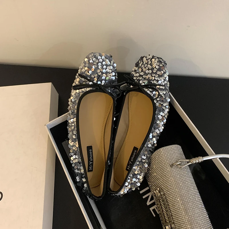 ZOOKERLIN Vintage Bow Rhinestone Sequins Flats Shoes For Women Elegant Dress Ballet Mary Jane Women's Pumps Slip On Summer Solid