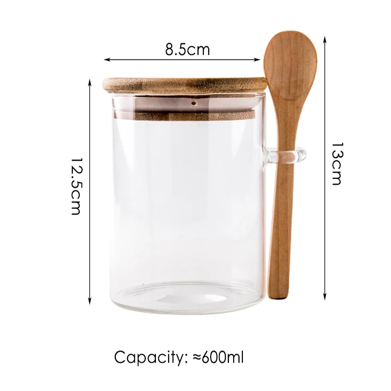 1pc 600ml Sealed Glass Jar with Bamboo Wood Lid and Spoon Sugar Coffee Beans Cereals Jar Kitchen Food Container Pantry Organizer