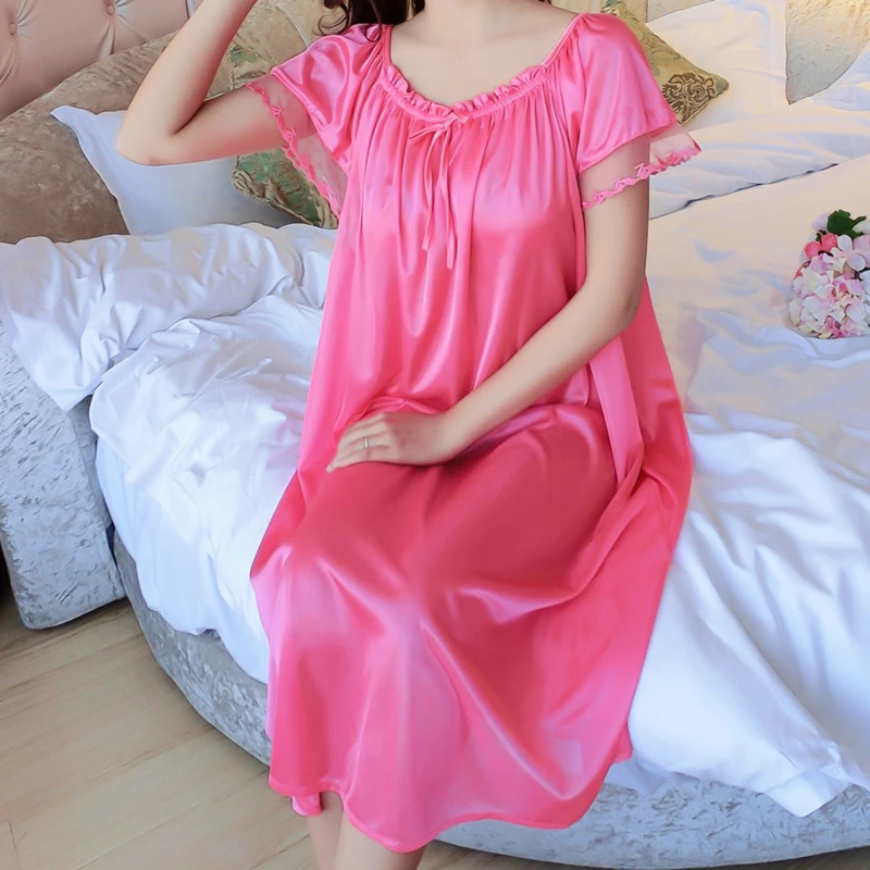 Women Night Gowns Sleepwear Lace Patchwork Nightwear Long Sleeping Dress Casual Ladies Home Dressing