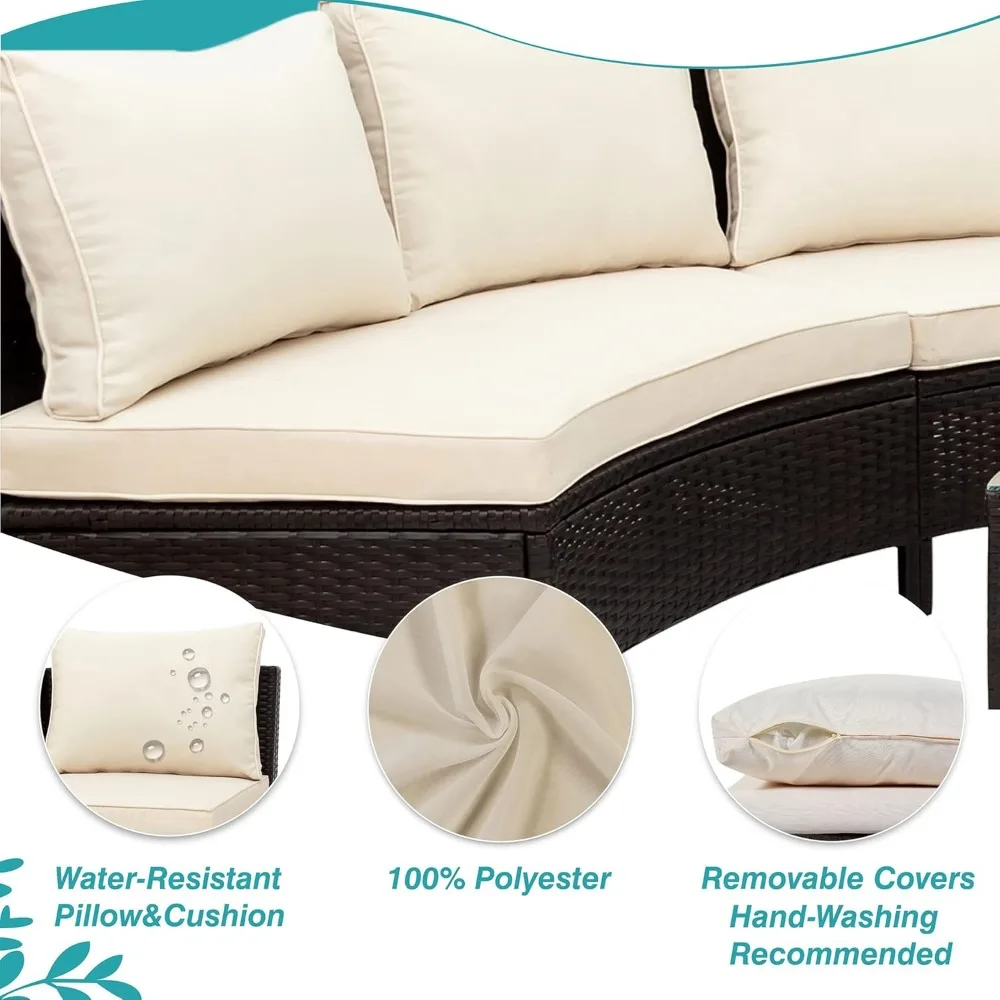 5-Piece Half Moon Outdoor Sectional Sofa Set,Cushions and Half-Moon Tempered Glass Table, Patio All-Weather PE Wicker Furniture 4