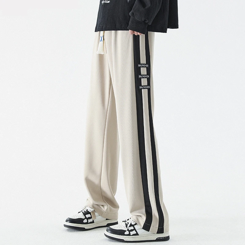 Joggers Sports Pants Men Autumn Korean Fashion Patchwork Striped Drawstring Loose Straight Casual Streetwear Sweatpants Trousers