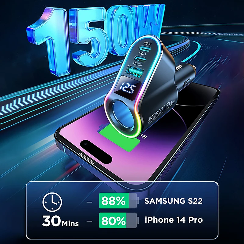 150W USB Car Charger Cigarette Lighter Splitter Fast 12V Car Charger Adapter Compatible with iPhone/Samsung/GPS/Dash Cam car charger car phone charger