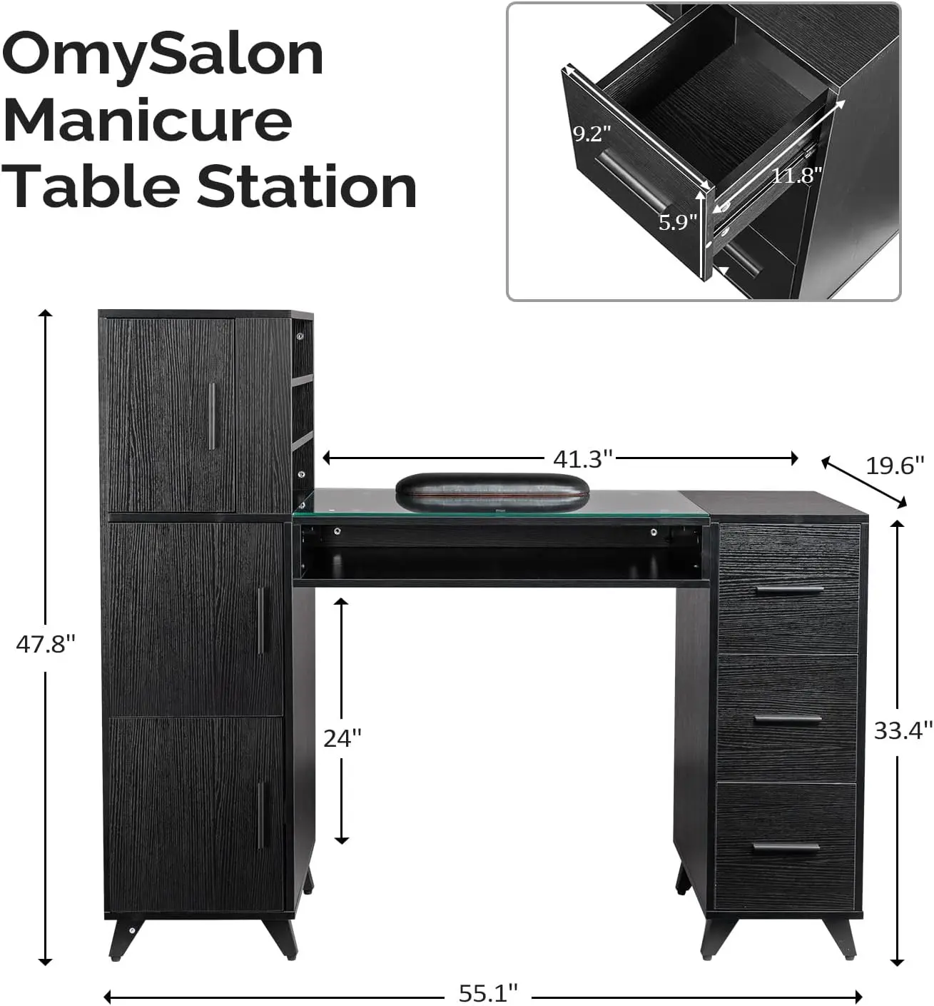 Manicure Table Nail Desk for Nail Tech w/Glass Top & Wrist Rest, Beauty Salon Nail Supplies Decor Workstation Acetone Resistant