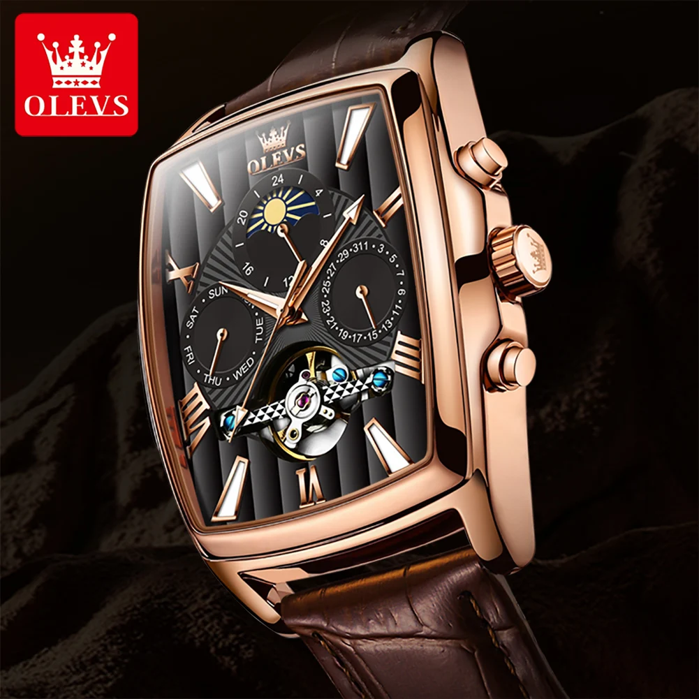 Olevs Novo Relógio Mecânico Automático para Homem à Prova Impermeável Água Luminosa Esqueleto Quadrado Dial Moonsver Cronógrafo Relógio Esportivo Masculino - Image 6