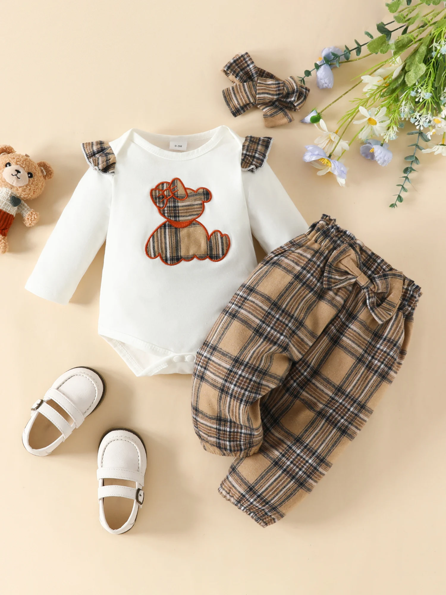

Toddler Girl Outfits Ruffle Long Sleeve Romper and Plaid Pants Skirts with Headband 3PCS Infant Baby Fall Clothes