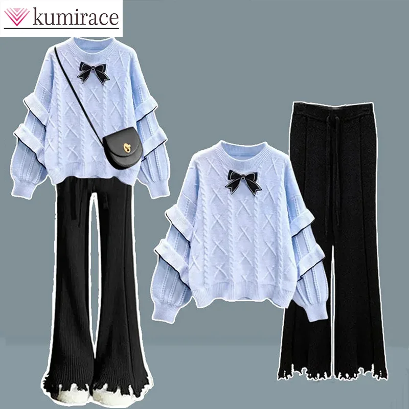 Korean New 2023 Autumn Sweater Women's Lantern Sleeve Doll Neck Knitted Sweater Wide Leg Pants Two Piece New in Matching Sets