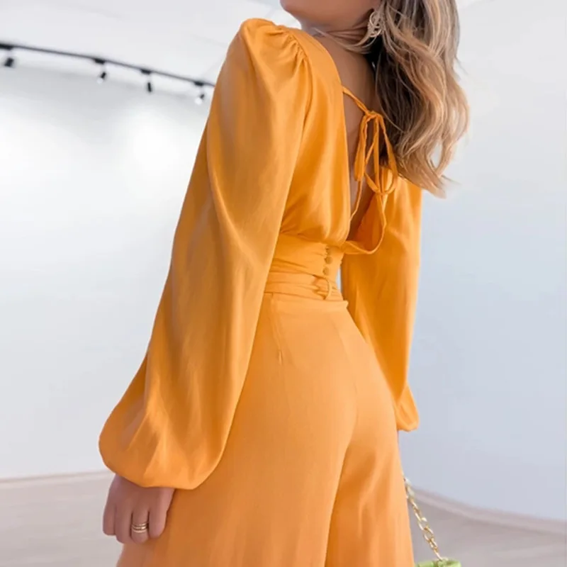 Set For Women 2023 Autumn New Cropped Top V-neck Backless Sexy Suit Fashion Casual Ladies Loose Wide Legs Trousers Suits MsChuh