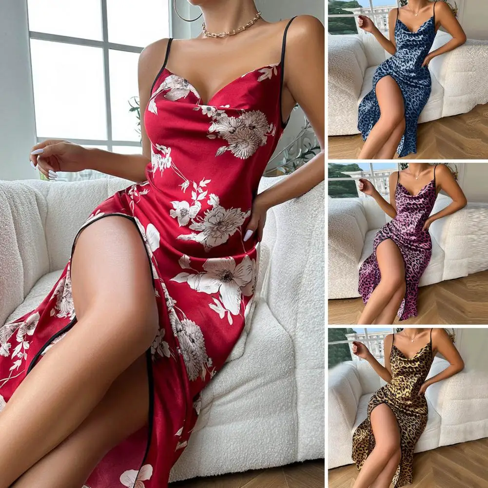 

Floral Print Nightdress Draped Collar Spaghetti Strap Sleep Dress Women's Sleepwear Dresses