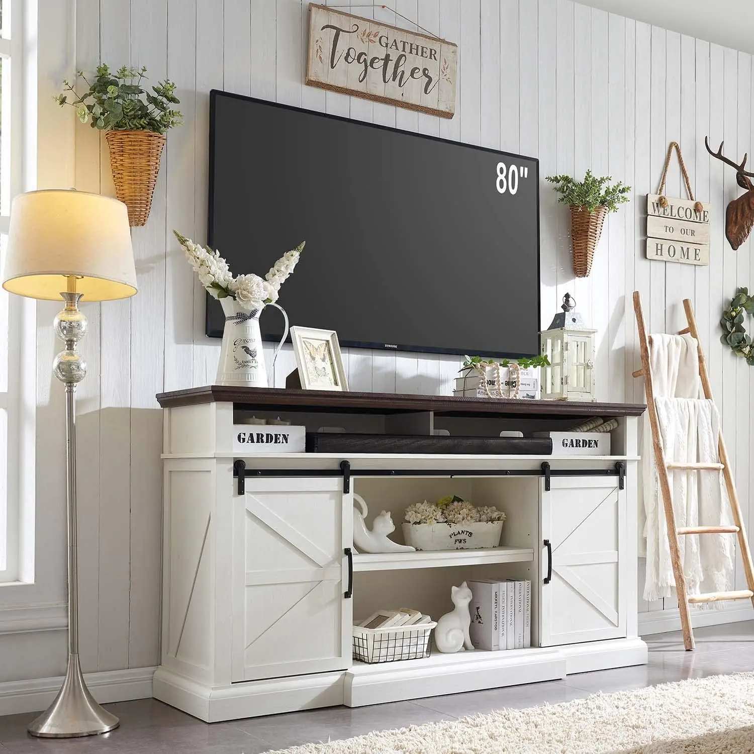 

Farmhouse TV Stand for 80 Inch TVs, 39" Tall Entertainment Center w/Double Sliding Barn Door, Large Media Console Cabinet