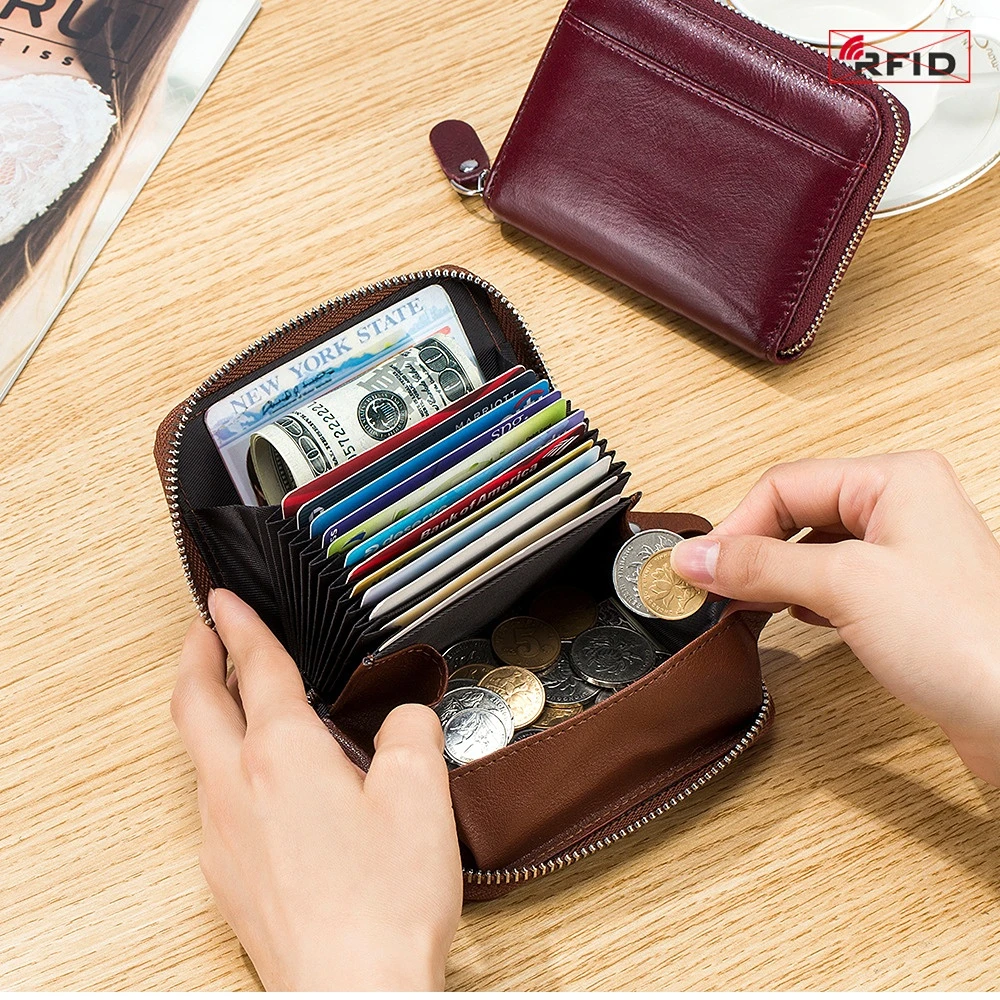 Men's Genuine Leather Card Bag RFID Vegetable Tanned Leather Zipper Coin Purse