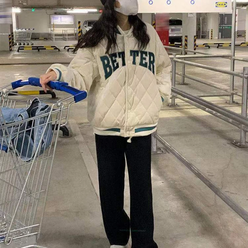 BEENLE Winter Jackets for Woman Korean Fashion Loose Letter Print Down Coats Vintage Baseball Uniform Cotton Quilted Cardigan