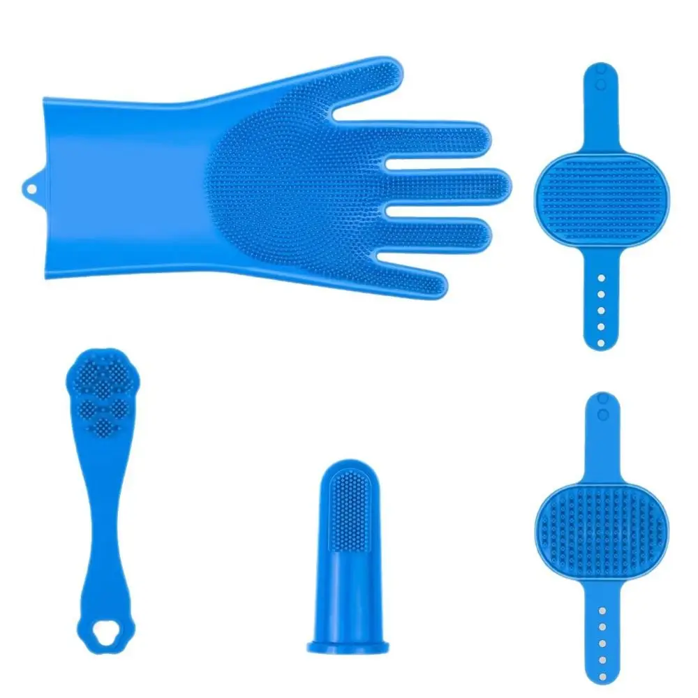 Durable 5 in 1 Dog Cat Grooming Kit Ergonomic Silicone Pet Cleaning Gloves with Toothbrush Universal Hair Remover Gloves Massage
