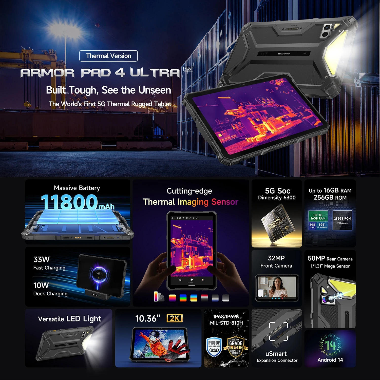 Ulefone Armor Pad 4 Ultra Rugged Tablet PC 8GB+256GB Thermal Version 10.36 inch Android 14 MediaTek Dimensity 6300 Octa Core 5G