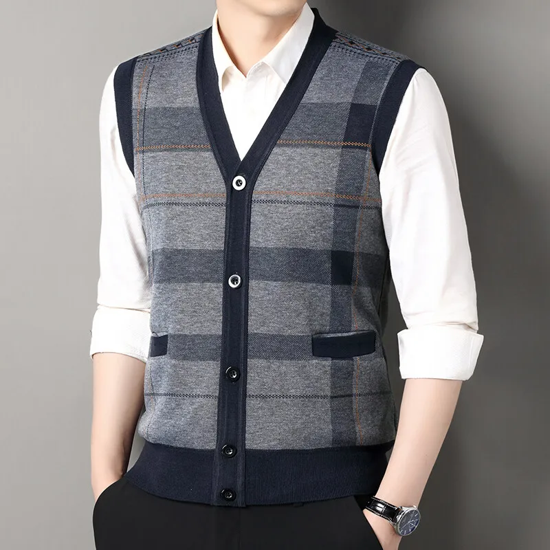 New Man Sleeveless Sweater Cardigan V-neck Button Down Vest Coat Contrast Casual Soft Knit Waistcoat
