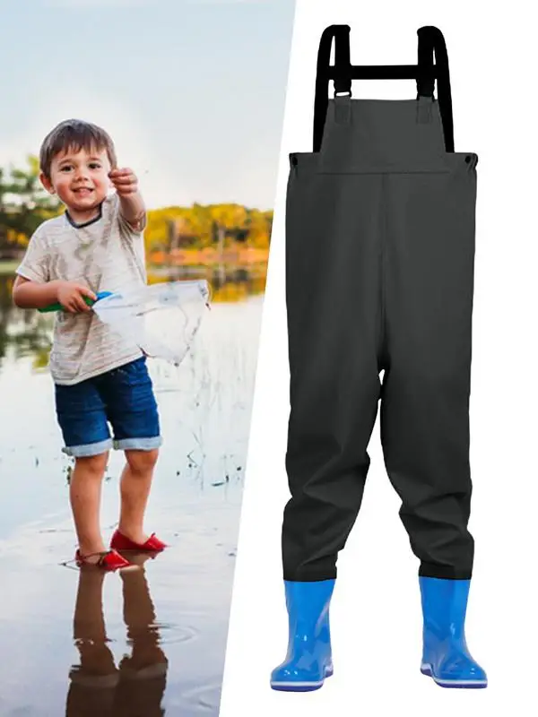 Youth Chest Wader PVC Wader Half Body Fishing Water Pants With Boots Elastic Waist Quick Release Buckles Adjustable For Kids