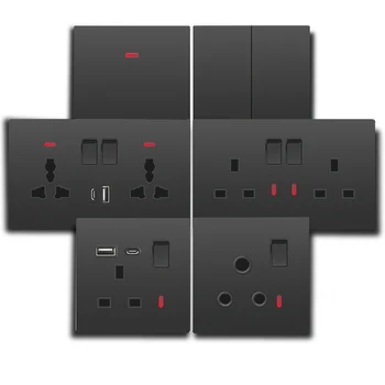 แผงสวิตช์เต้ารับติดผนังสีดำมาตรฐานของสหราชอาณาจักรประเภท-C 18W ชาร์จเร็ว13A ช่องเสียบ3.1A ที่กำแพงเต้าเสียบสายไฟ3ขาแบบคู่อเนกประสงค์ 1