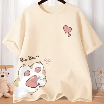 Summer Cartoon Cute Sweet Cat Claw Love Printed Short Sleeve T-shirt Women's Loose Youth Student Half Sleeve Oversized Shirt Top 1