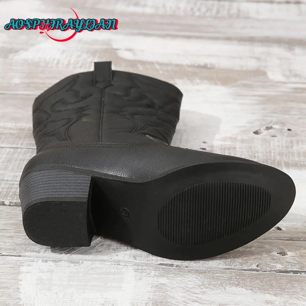 Brand New Ladies Black Mid-Calf Boots Fashion Embroider Chunky Heels women's Western Cowboy Boots Casual Party Woman Shoes