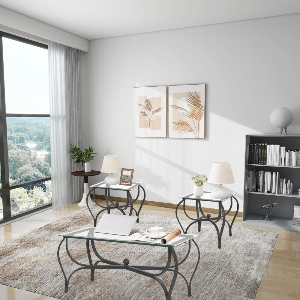 3-Piece Coffee Table Set, Tempered Glass Surface Living Room Sets, Coffee Table & 2 End Side Table, Metal Frame for Living Room 5