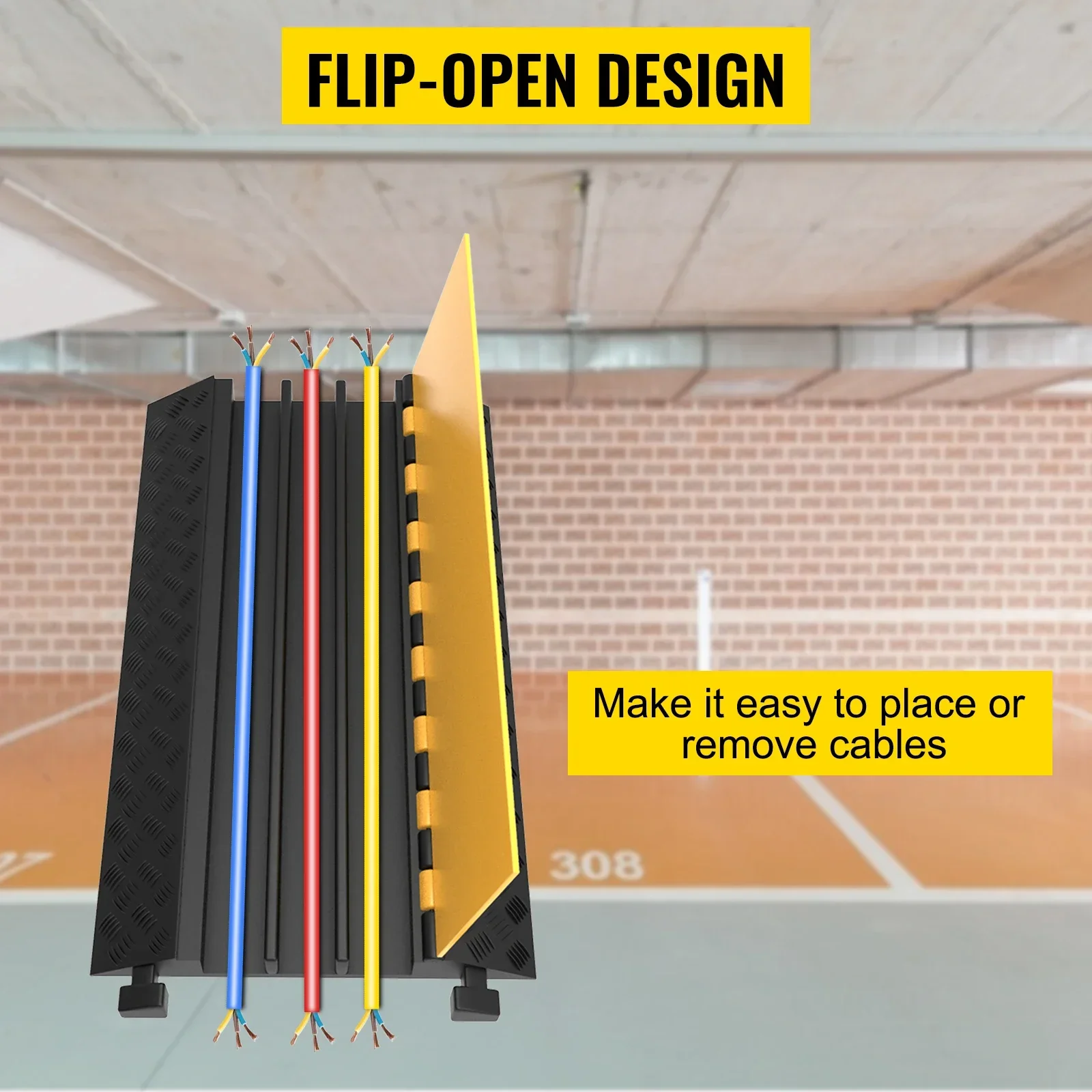 VEVOR 1 Pack of 3-Channel Rubber Cable Protector Ramps Heavy Duty 44000Lbs Load Capacity Cable Wire Cord Cover Ramp Speed Bump
