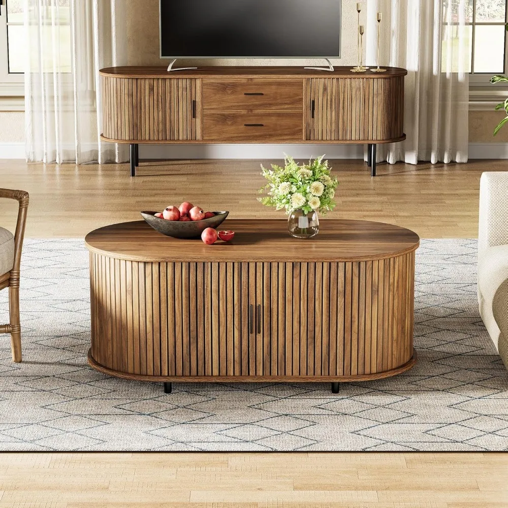 Coffee Table with Storage, 47.24" Farmhouse Wood Oval Center Table, 2-Tier Tea Cocktail Table with Sliding Door for Living Room 4