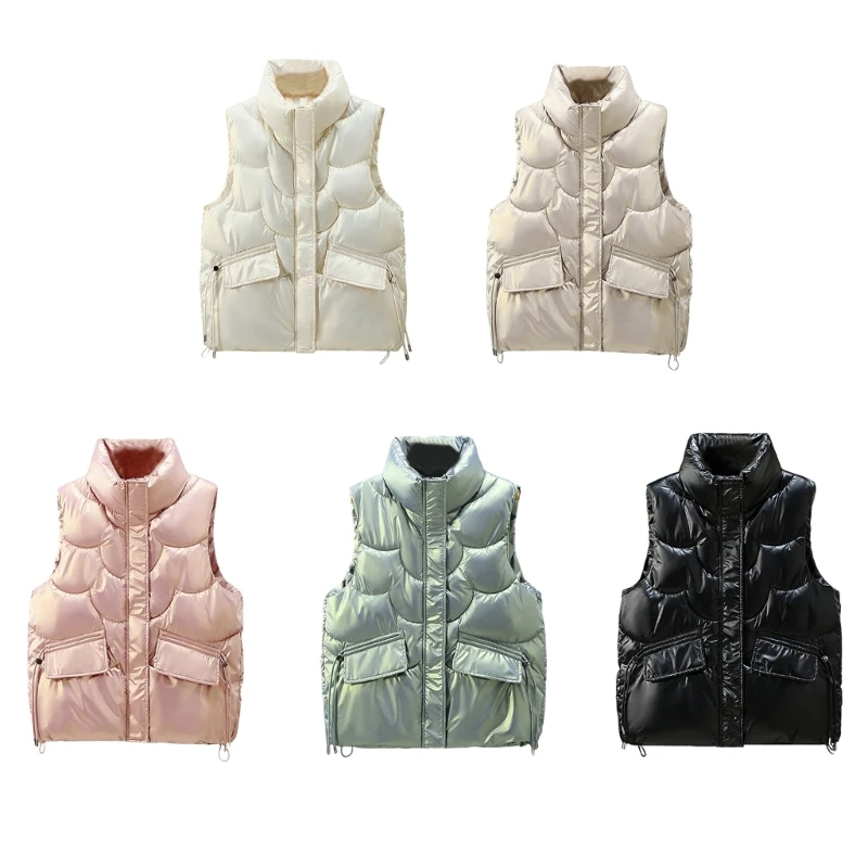 Quilted Padded Gilet Women Sleeveless Zipper Loose Puffer Vest Coat with Pockets Dropship