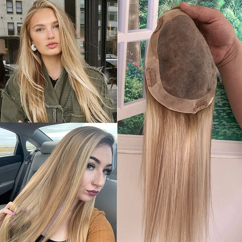 

8"-20'' 8x13cm Highlight Brown and Blonde Color Straight Women Topper European Human Hair Remy Natural Toupee Replacement