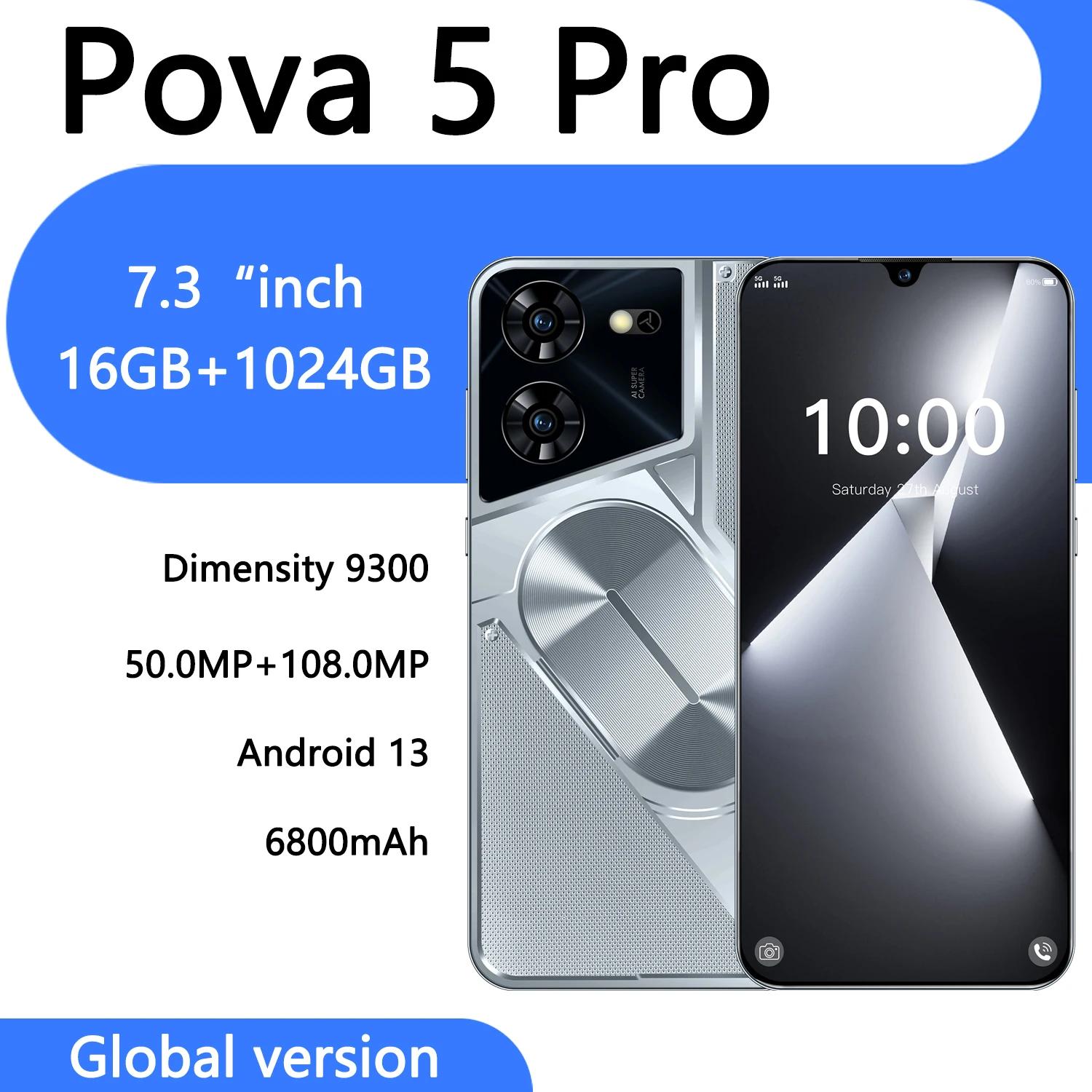 Pova 5 Pro Smartphone Versione Globale 16Gb + 1Tb 7.3 ''Schermo Hd Android 13 6800Mah 5G Telefono Da Gioco Dual Sim Telefono 50Mp + 108Mp