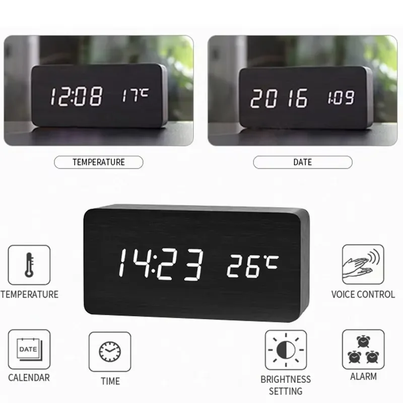 Xiaomi MIJIA Wooden Digital Alarm Clock  LED Table Clock with Temperature for Bedroom Office Desk Decorations 3
