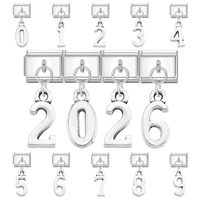 2026 Arabic Numerals Pendant Charm Links Bracelet Stainless Steel DIY