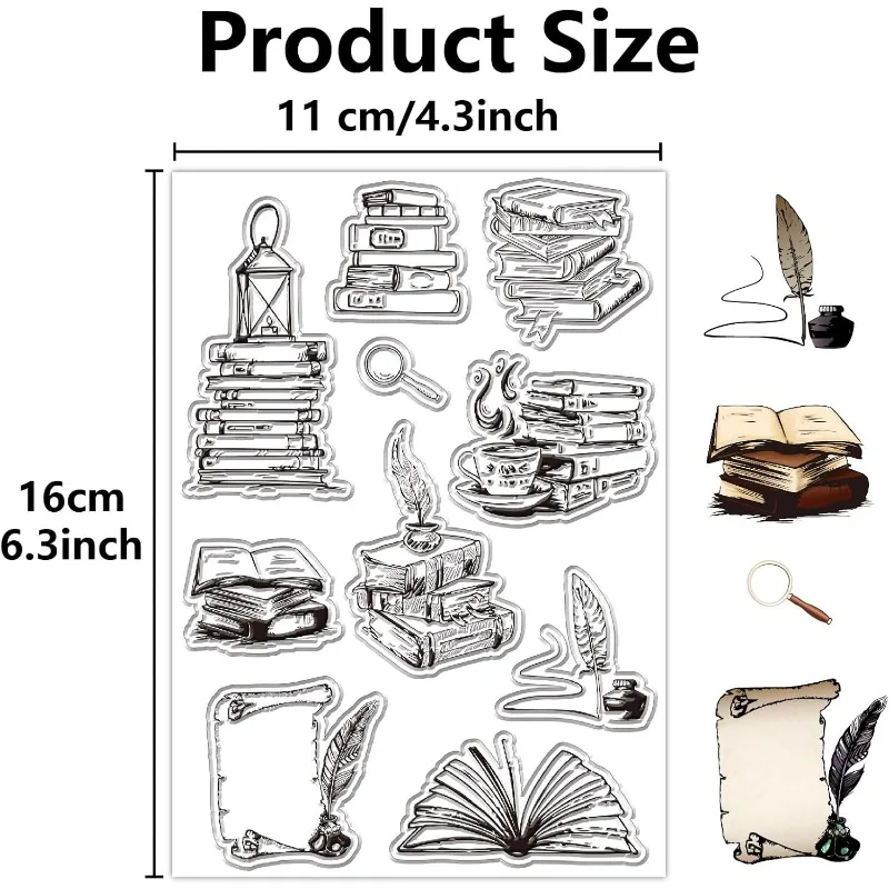 1Sheet Books Clear Stamps Magnifying Glass Quill Reusable Retro Transparent Silicone Stamp Seals for Scrapbooking Photo Album clear stamps,clear rubber stamps