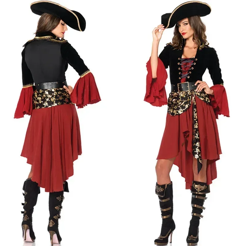 

Ataullah Female Caribbean Pirates Captain Costume Halloween Role Playing Cosplay Suit Medoeval Gothic Fancy Woman Dress