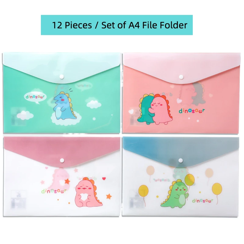 12Pcs/set Of A4 Cartoon Cute File Folders Snap Bags Pink Dinasour Pattern Documents Pockets For Girls Boys School Supplies