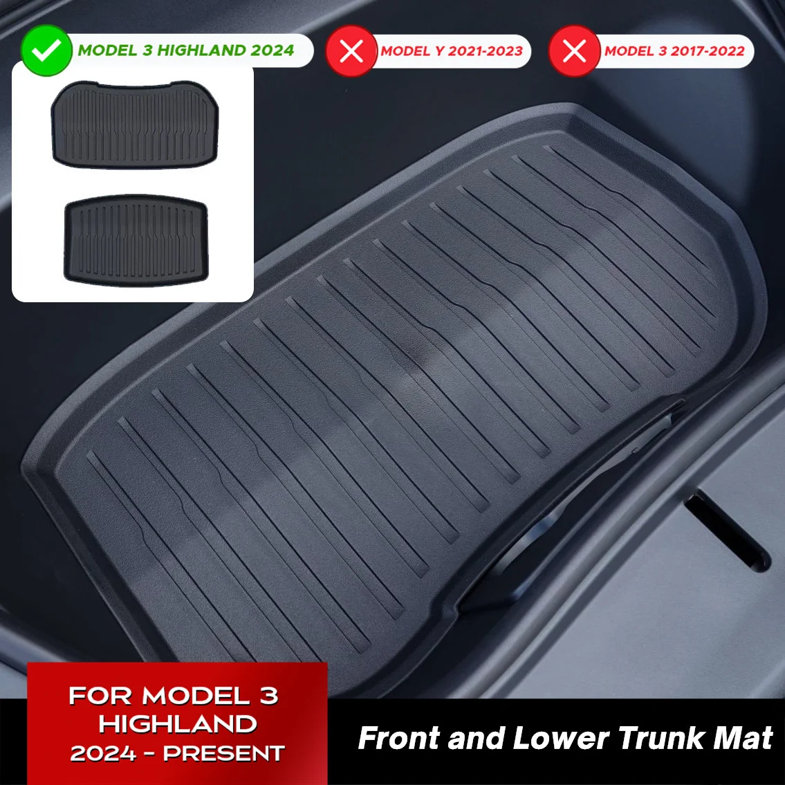 Trunk Mats for 2024 Tesla New Model 3+ Highland TPE Piano Key Style  Front Rear Trunk Frunk Storage Waterproof Protective Pad